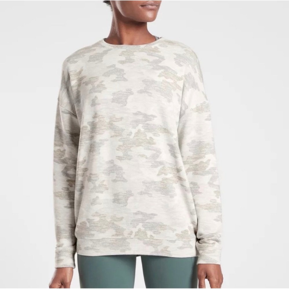 Athleta Purist Camo Sweatshirt Grey Green Modal Blend XLT Tall Relaxed Fit Cozy
